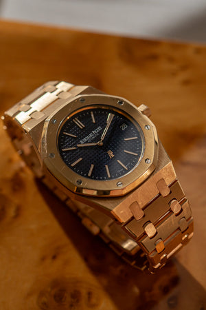 Audemars Piguet Watch Royal Oak Jumbo Extra-Thin 15202OR - Pink Gold Blue Dial - Box & Archive Extract - 2014