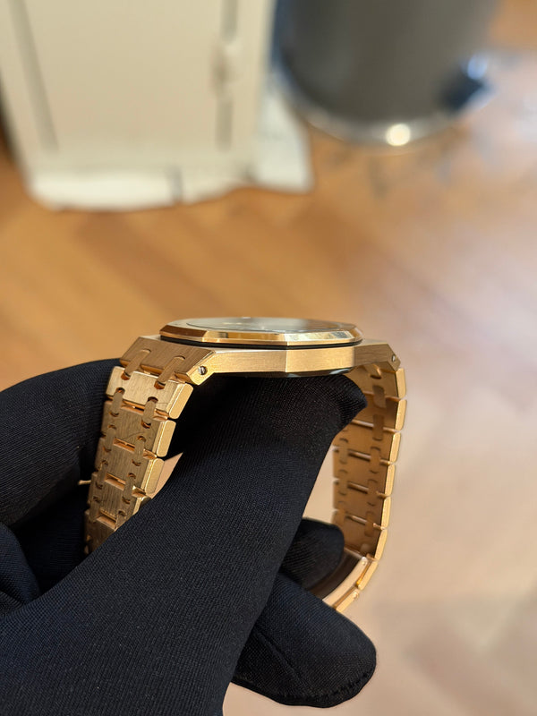 Audemars Piguet Watch Royal Oak Jumbo Extra-Thin 15202OR - Pink Gold Blue Dial - Box & Archive Extract - 2014