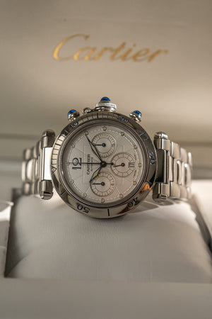 Cartier Watch Pasha Chronograph 2113 - Silver Guilloché Dial - Box & Manuals - ca. 2000's