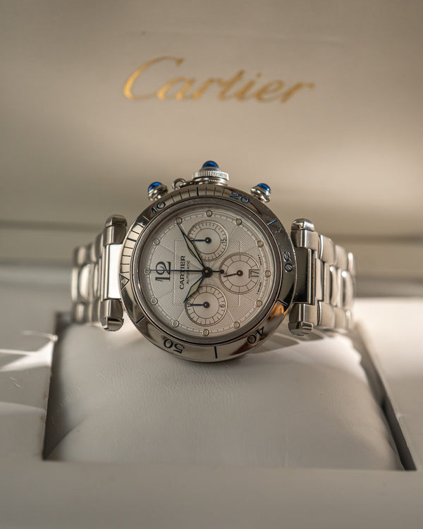 Cartier Watch Pasha Chronograph 2113 - Silver Guilloché Dial - Box & Manuals - ca. 2000's