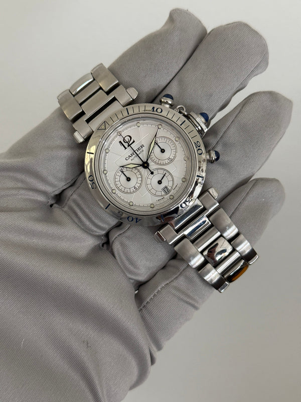 Cartier Watch Pasha Chronograph 2113 - Silver Guilloché Dial - Box & Manuals - ca. 2000's