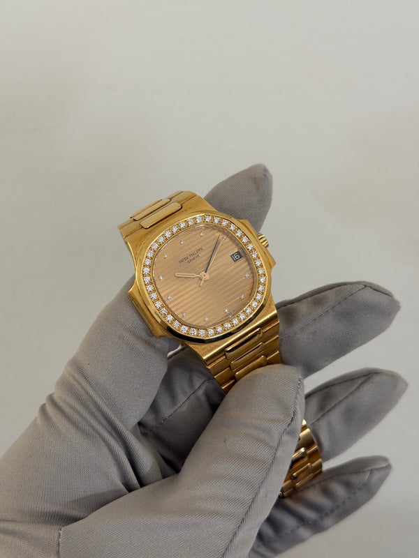 Patek Philippe Watch Nautilus 3800/3 - Yellow Gold - Factory Diamond Bezel & Dial - Box & Extract (1984)