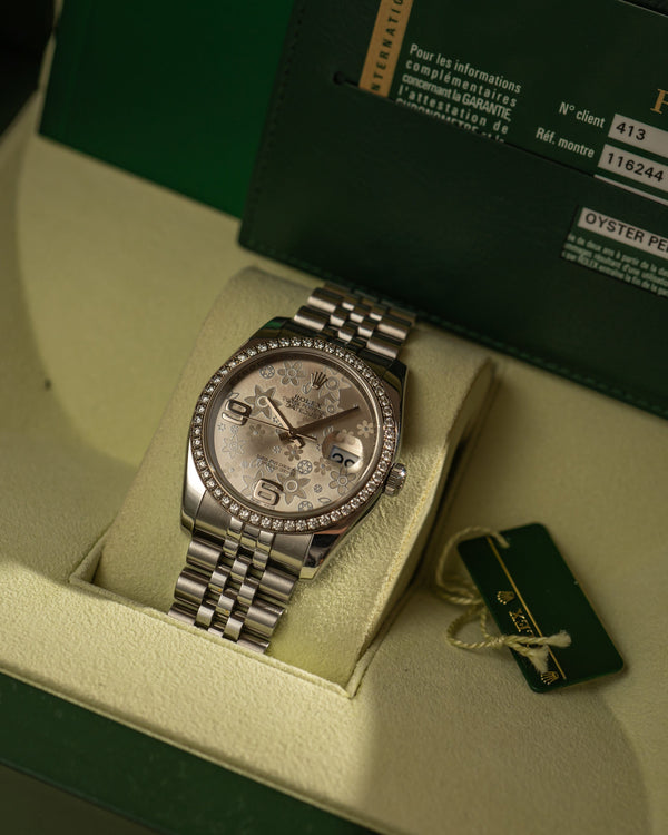 Rolex Datejust 116244 - Floral Dial & Diamond Bezel - Full Set (2010)