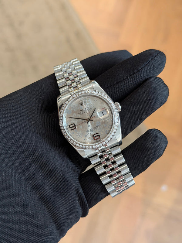 Rolex Datejust 116244 - Floral Dial & Diamond Bezel - Full Set (2010)