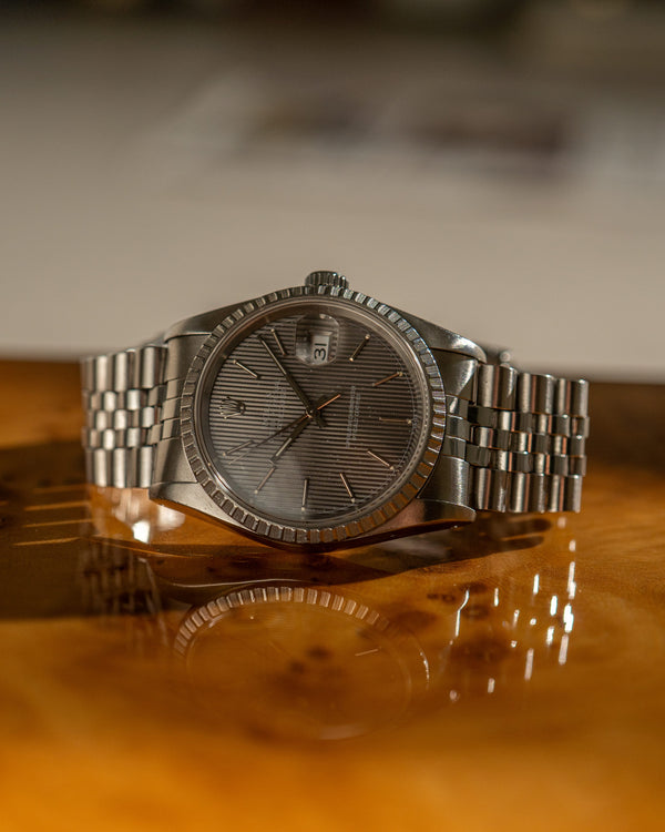 Rolex Watch Datejust 16220 - Grey Tapestry Dial - Engine-Turned Bezel - Jubilee