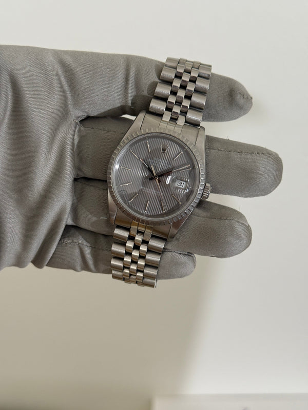 Rolex Watch Datejust 16220 - Grey Tapestry Dial - Engine-Turned Bezel - Jubilee