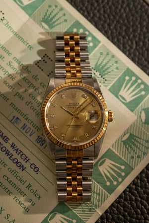 Rolex Datejust 16233 - Champagne Diamond Dial - With Papers (1991)