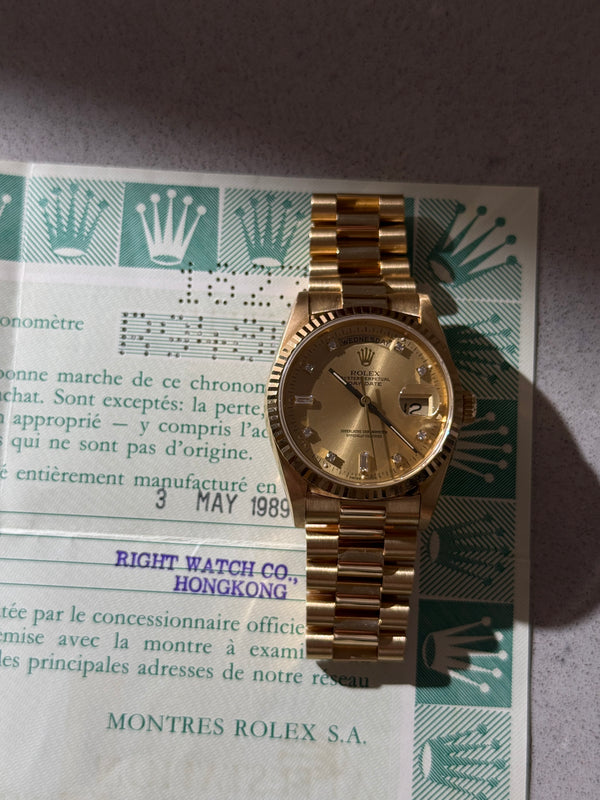 Rolex Watch Day-Date 18238 - Champagne Diamond Dial - Box & Papers (1989)