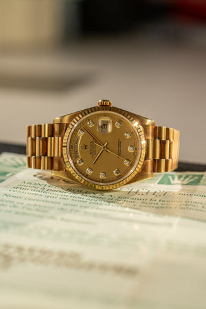 Rolex Day-Date 18238 – Rare Diamond Dial – Unpolished – With Papers (LC100)
