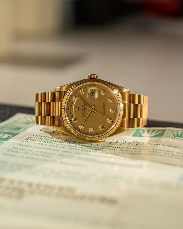Rolex Day-Date 18238 – Rare Diamond Dial – Unpolished – With Papers (LC100)