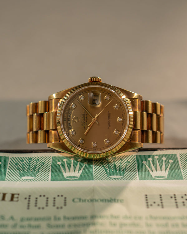 Rolex Day-Date 18238 – Rare Diamond Dial – Unpolished – With Papers (LC100)