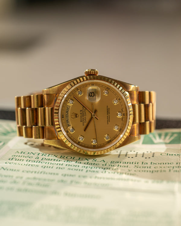 Rolex Day-Date 18238 – Rare Diamond Dial – Unpolished – With Papers (LC100)