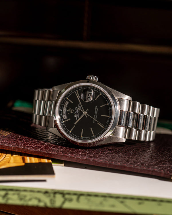 Rolex Watch Day-Date 36 18346 Platinum - Black Dial - Box & Service Card - 1990