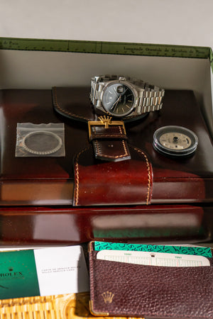 Rolex Watch Day-Date 36 18346 Platinum - Black Dial - Box & Service Card - 1990