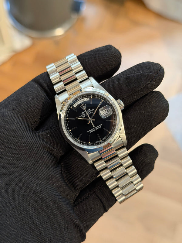 Rolex Watch Day-Date 36 18346 Platinum - Black Dial - Box & Service Card - 1990