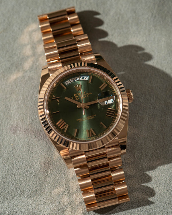 Rolex Day-Date 40 228235 – Everose Gold – Olive Green Dial – Full Set (2024)