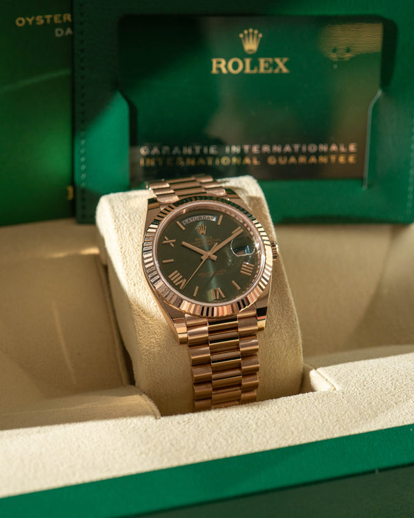 Rolex Day-Date 40 228235 – Everose Gold – Olive Green Dial – Full Set (2024)