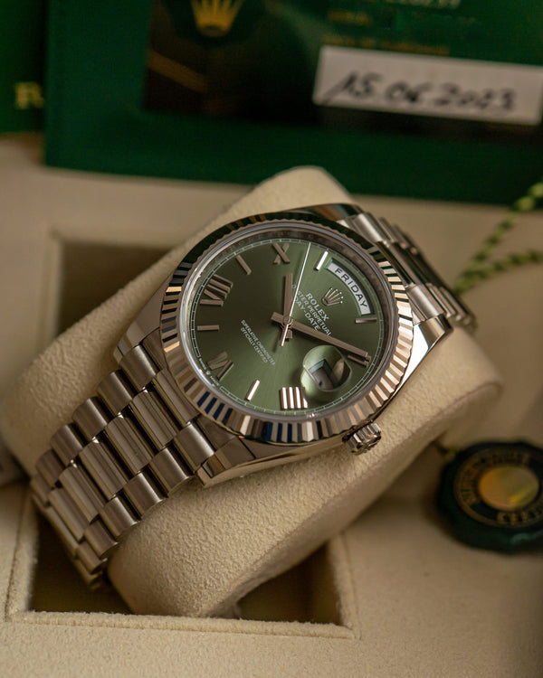 Rolex Watch Day-Date 40 228239 - White Gold Olive Green Roman - Full Set - 2023
