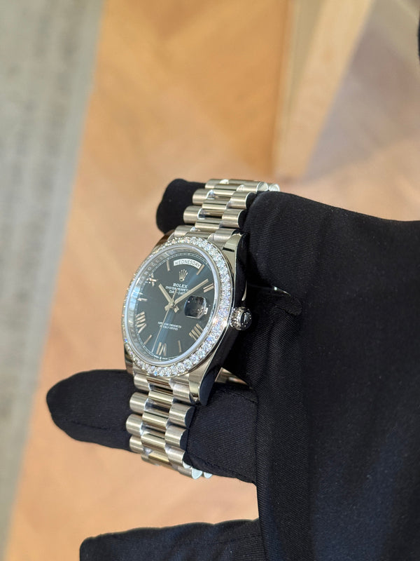 Rolex Watch Day-Date 40 228349RBR - Blue Roman Dial - Factory Diamond Bezel - Full Set (2020)