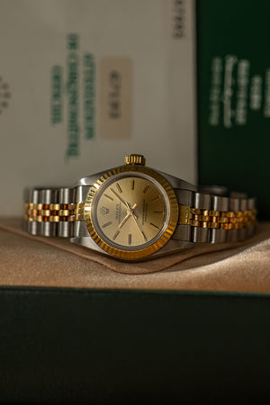 Rolex Watch Lady Oyster Perpetual 67193 - Steel & Yellow Gold Champagne Dial - Full Set - 1995