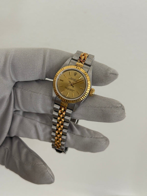 Rolex Watch Lady Oyster Perpetual 67193 - Steel & Yellow Gold Champagne Dial - Full Set - 1995