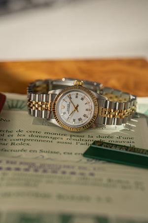 Rolex Watch Oyster Perpetual Lady 67193 - White Roman Dial - Papers & Serial Tag - 1990