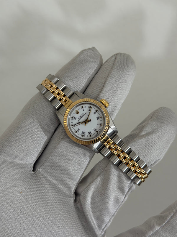 Rolex Watch Oyster Perpetual Lady 67193 - White Roman Dial - Papers & Serial Tag - 1990